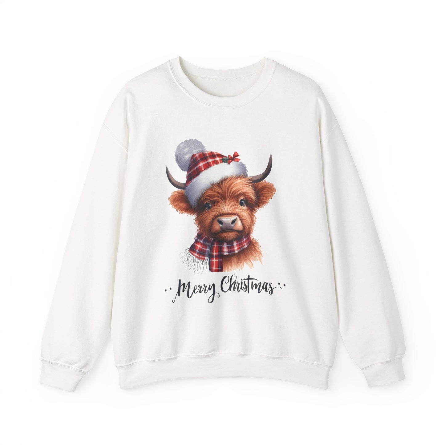 Christmas Highland Cow Sweatshirt – "Merry Christmas" Cozy Holiday Crewneck