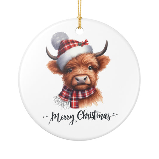 Christmas Highland Cow Ceramic Ornament – Merry Christmas Holiday Tree Decoration