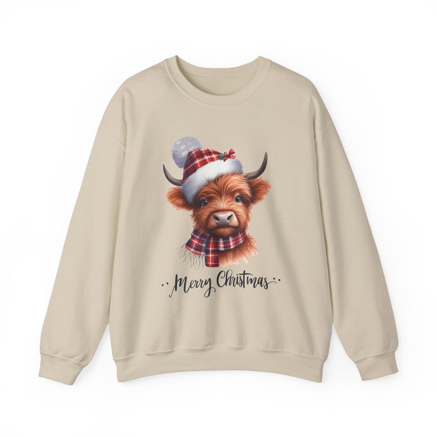 Christmas Highland Cow Sweatshirt – "Merry Christmas" Cozy Holiday Crewneck