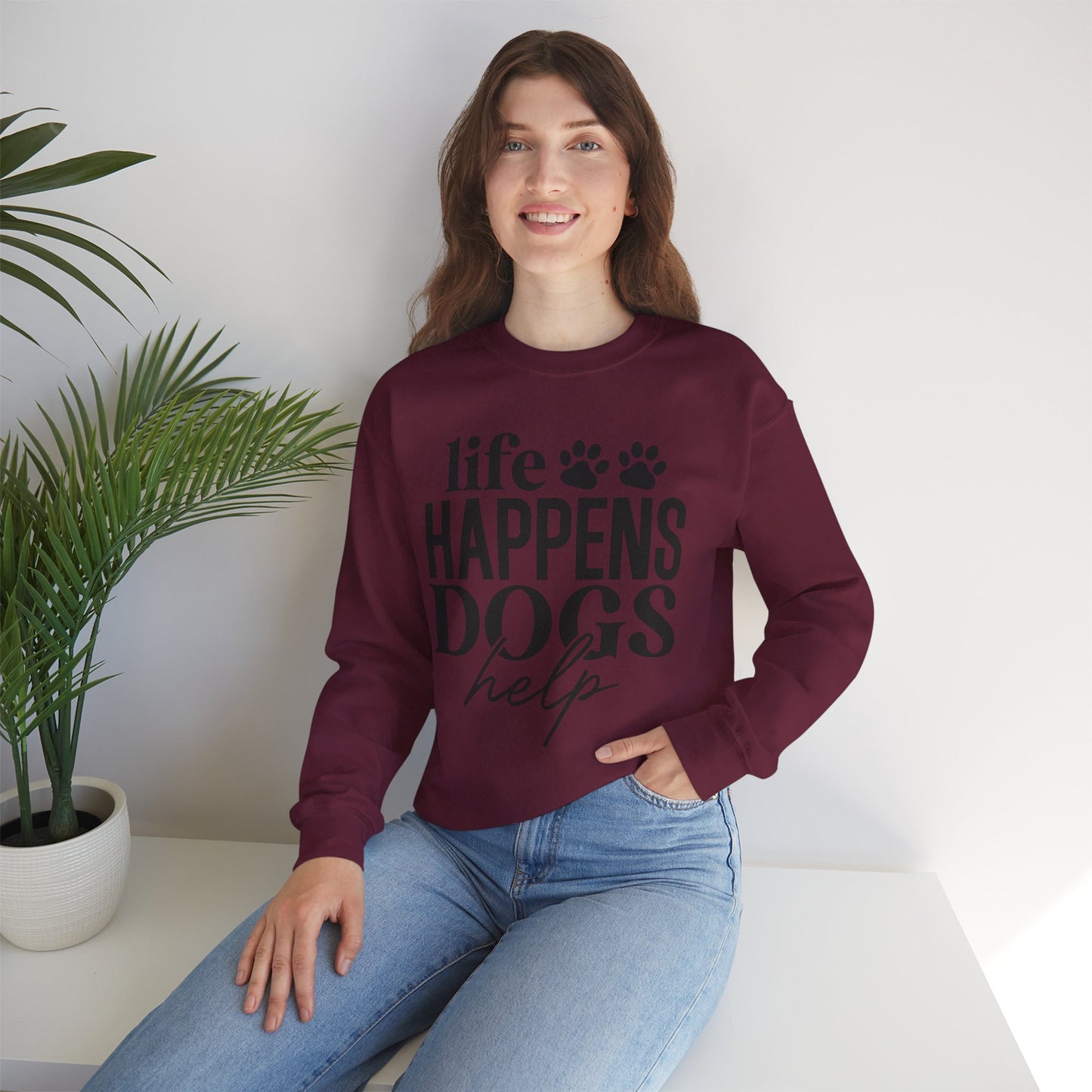 Life Happens Dogs Help Sweatshirt - Cute Paw Print Dog Lover Crewneck