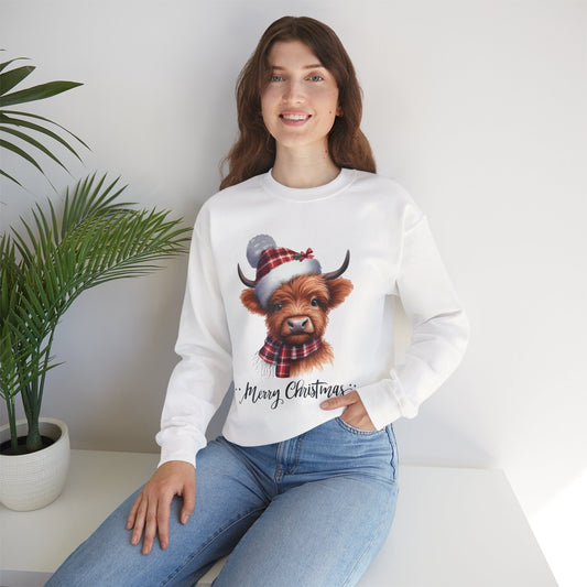 Christmas Highland Cow Sweatshirt – "Merry Christmas" Cozy Holiday Crewneck