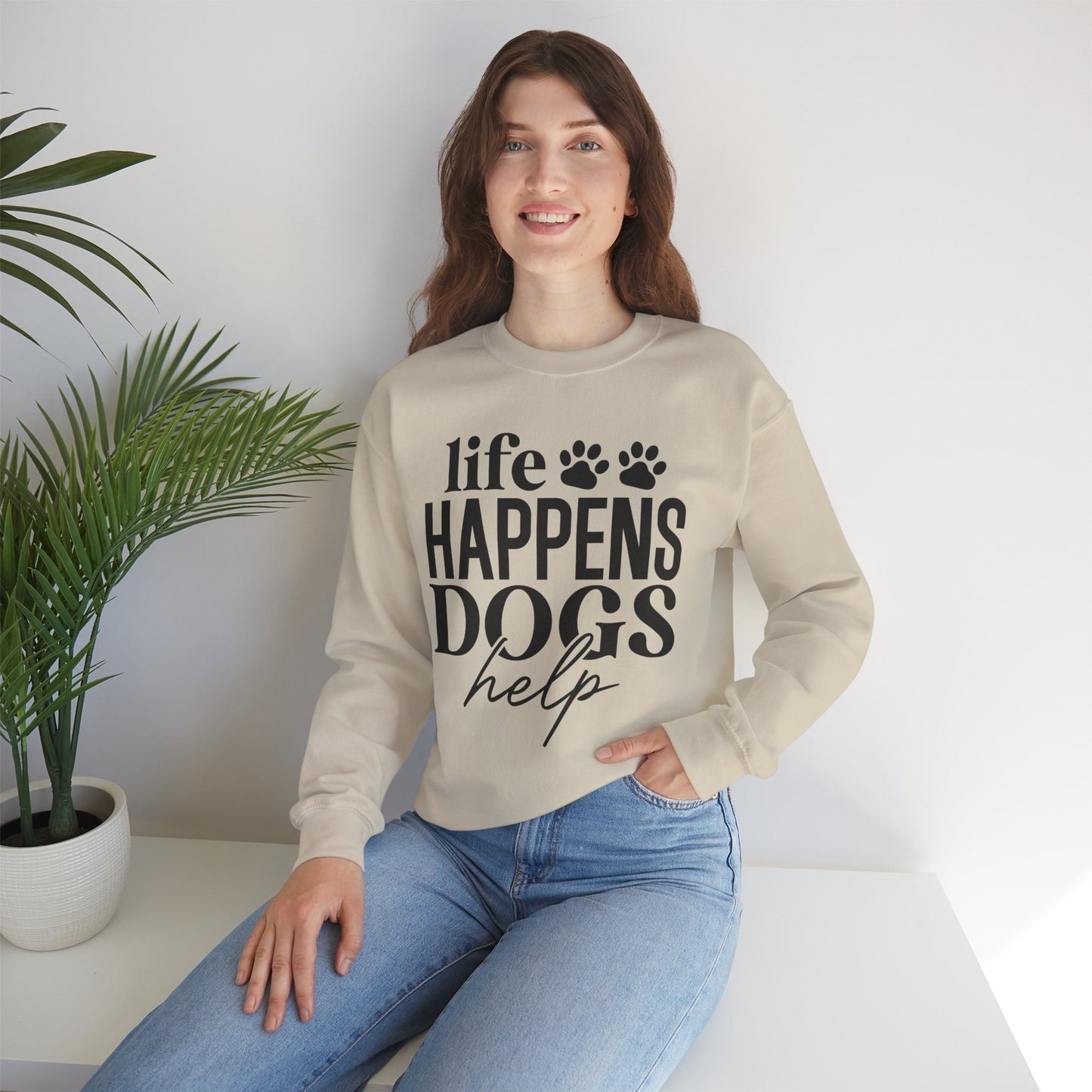 Life Happens Dogs Help Sweatshirt - Cute Paw Print Dog Lover Crewneck