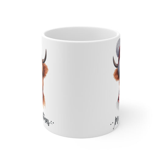 Christmas Highland Cow Mug – 'Merry Christmas' Festive Plaid Hat & Scarf 11oz