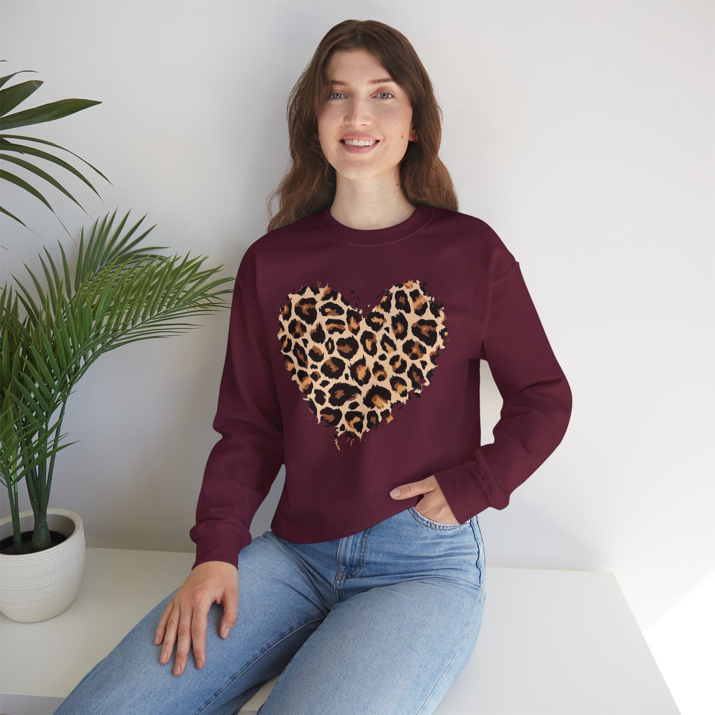 Leopard Heart Crewneck Sweatshirt - Animal Print Heart Pullover