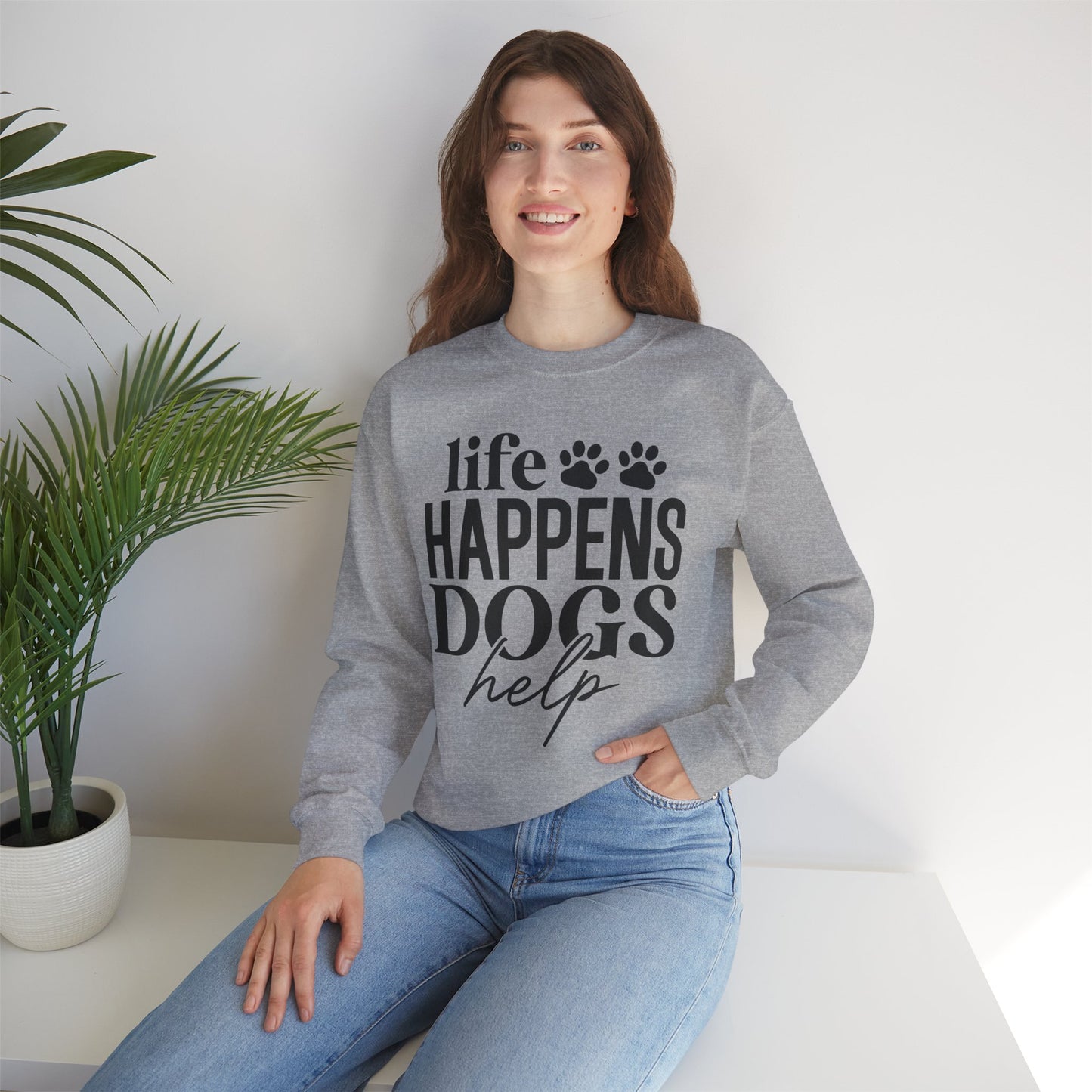 Life Happens Dogs Help Sweatshirt - Cute Paw Print Dog Lover Crewneck