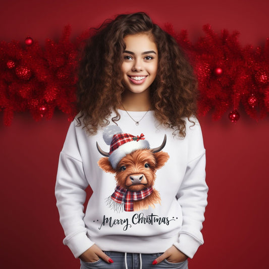 Christmas Highland Cow Sweatshirt – "Merry Christmas" Cozy Holiday Crewneck
