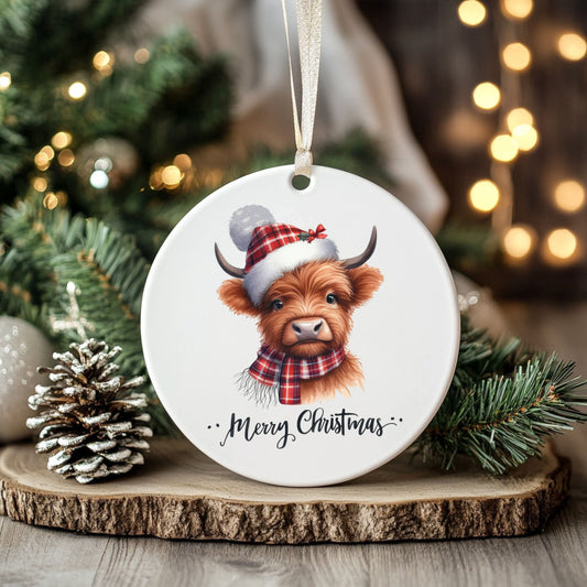 Christmas Highland Cow Ceramic Ornament – Merry Christmas Holiday Tree Decoration