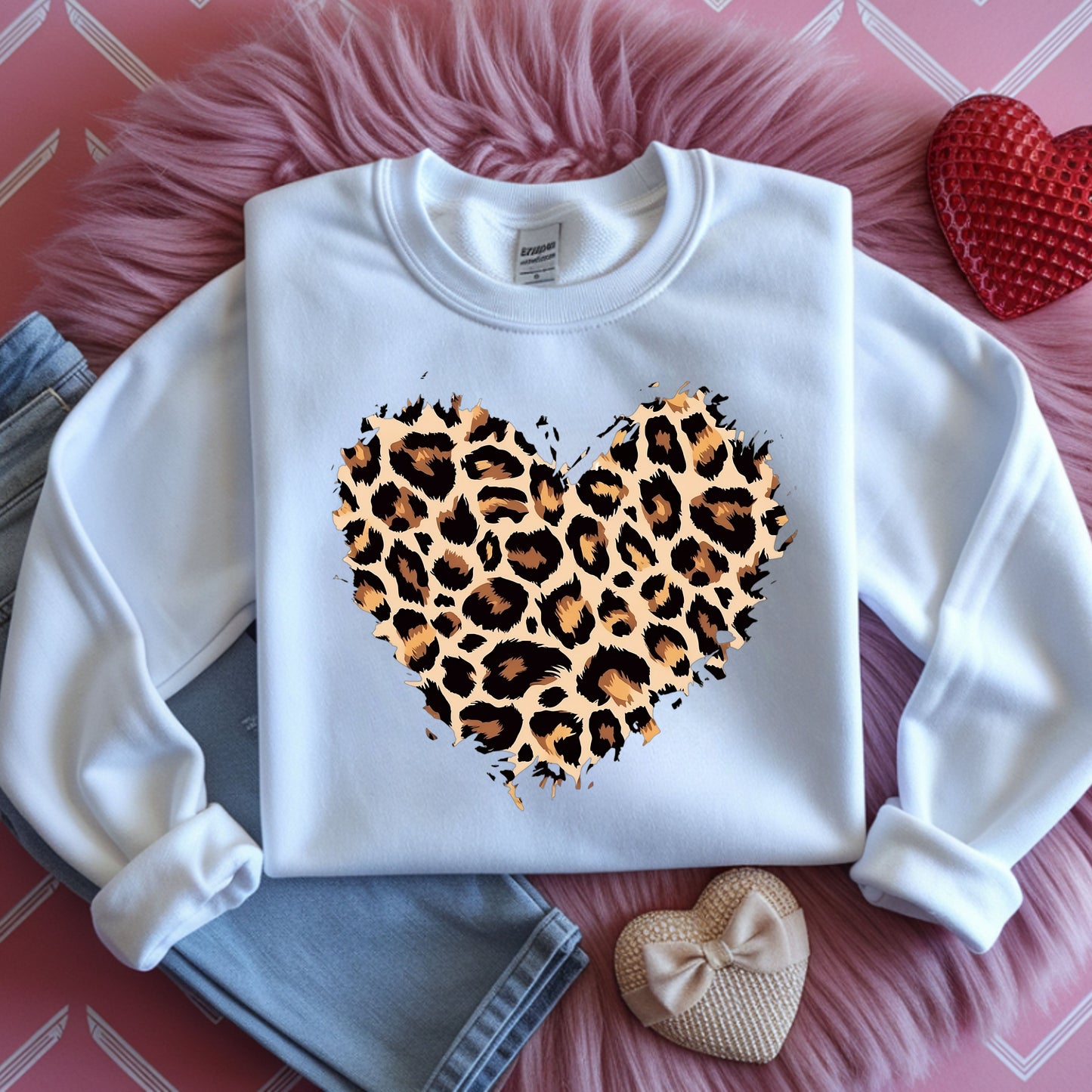 Leopard Heart Crewneck Sweatshirt - Animal Print Heart Pullover