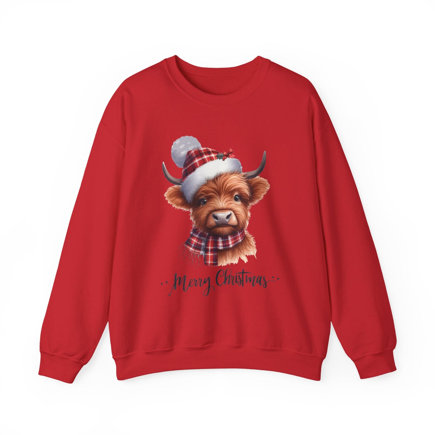 Christmas Highland Cow Sweatshirt – "Merry Christmas" Cozy Holiday Crewneck