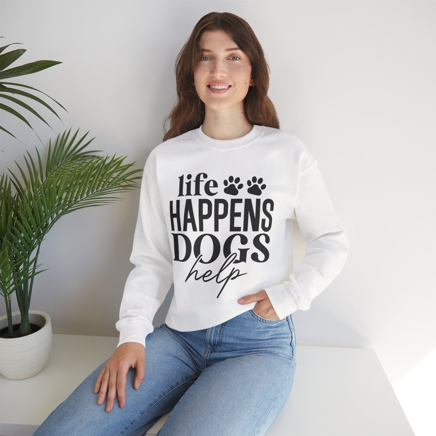 Life Happens Dogs Help Sweatshirt - Cute Paw Print Dog Lover Crewneck