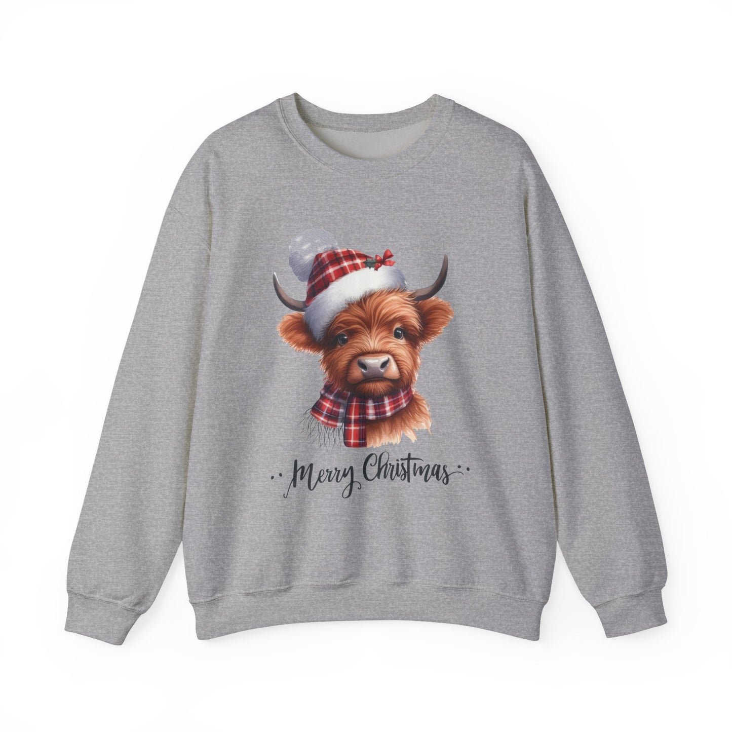 Christmas Highland Cow Sweatshirt – "Merry Christmas" Cozy Holiday Crewneck