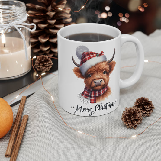 Christmas Highland Cow Mug – 'Merry Christmas' Festive Plaid Hat & Scarf 11oz